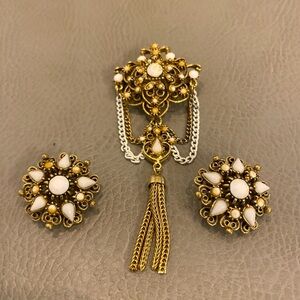 FLORENZA Tassel Brooch Pin Earrings Set Victorian Revival
